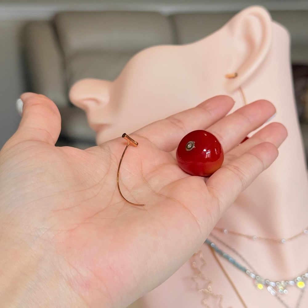 Red-Orange Gradient Cherry Drop Earrings - Picture 6 of 10